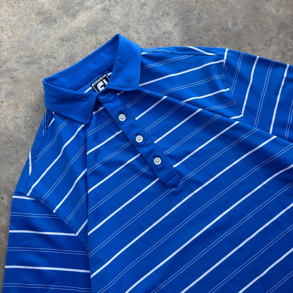 Vintage Y2K FootJoy Polo Shirt Golf Workwear Striped Blue Large (L1)